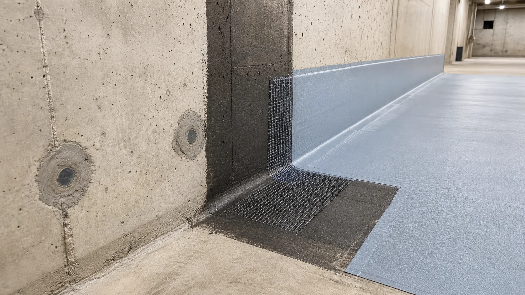 Technische visualisatie van de voorbereiding en waterdichting van een betonnen wand-vloerdetail