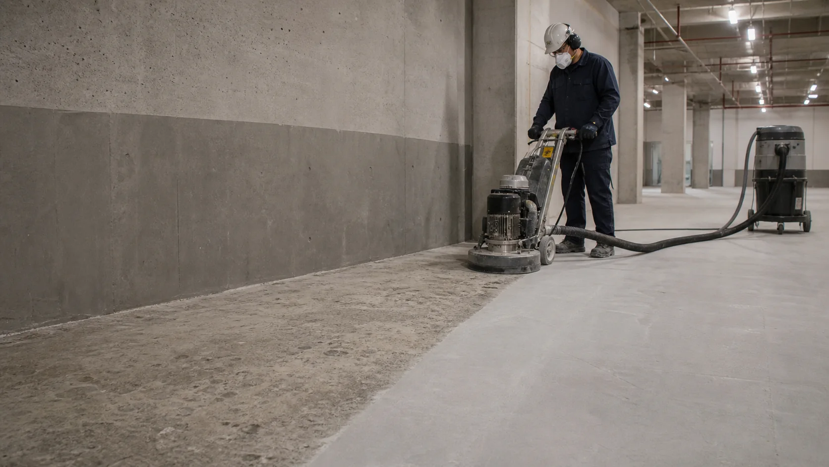 Technische visualisatie van stofarm mechanisch voorbereiden van een groot betonvlak