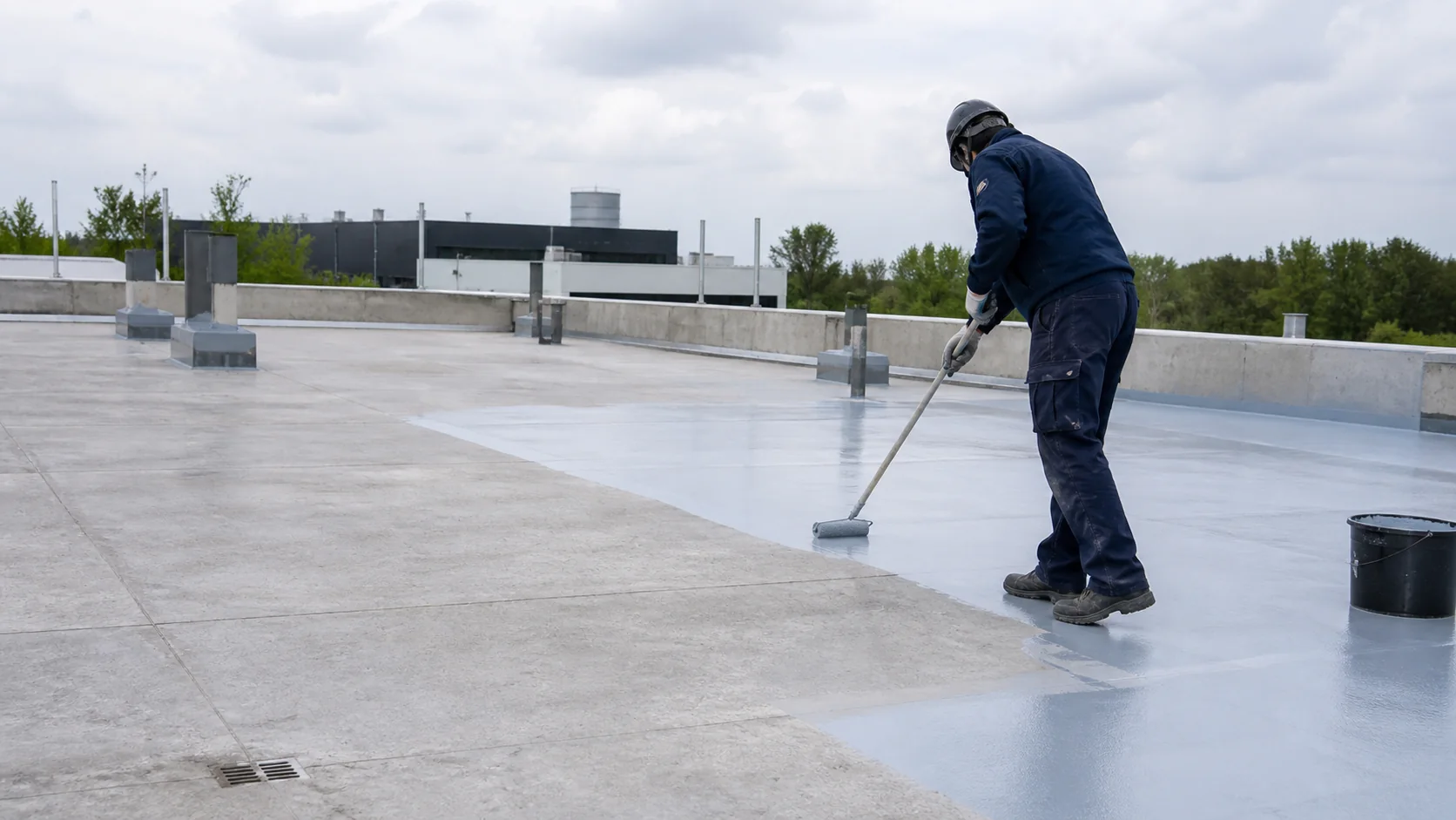 Technische visualisatie van rollerapplicatie van een waterdicht membraan op een groot betonnen bedrijfsdak