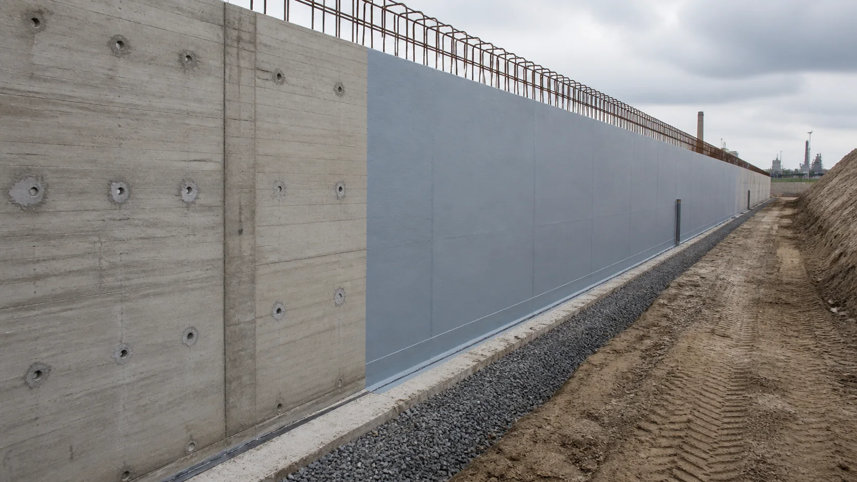 Technische visualisatie van waterdichting op een grote betonnen keerwand vóór grondaanvulling