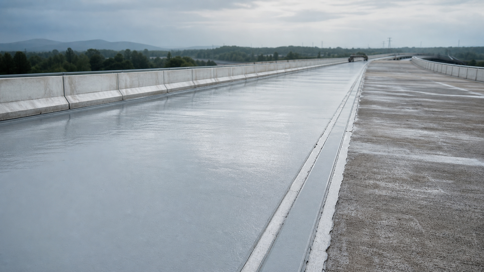 Visualisatie van een voorbereid en gedeeltelijk waterdicht gemaakt betonnen brugdek