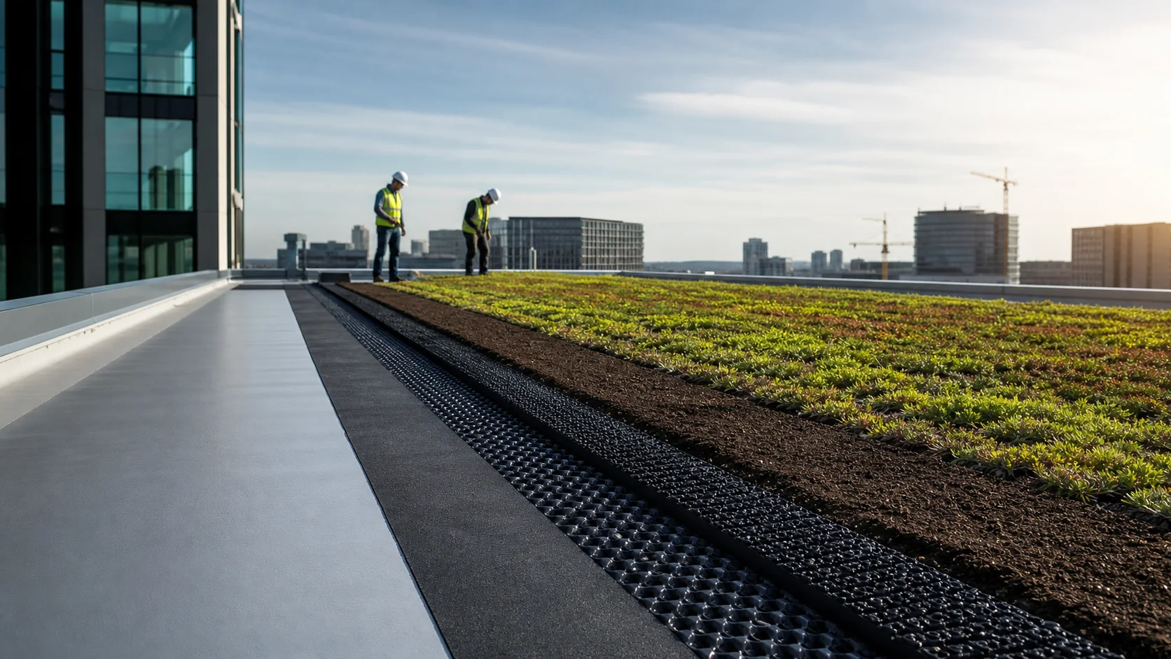 Systeemvisual van een groendak met wortelwerende waterdichting