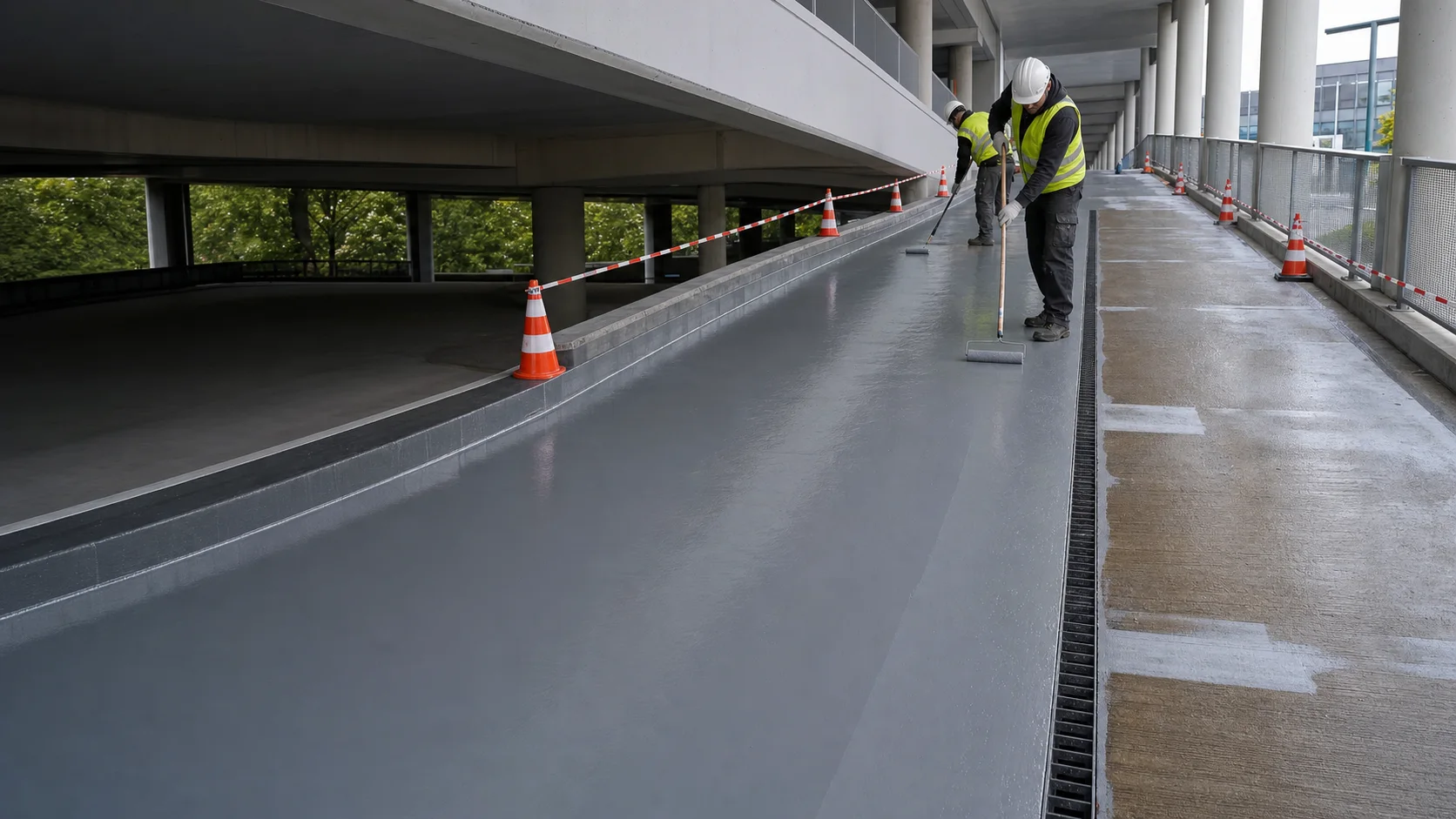Systeemvisual van een verkeersbelast parkeerdek met waterdichting