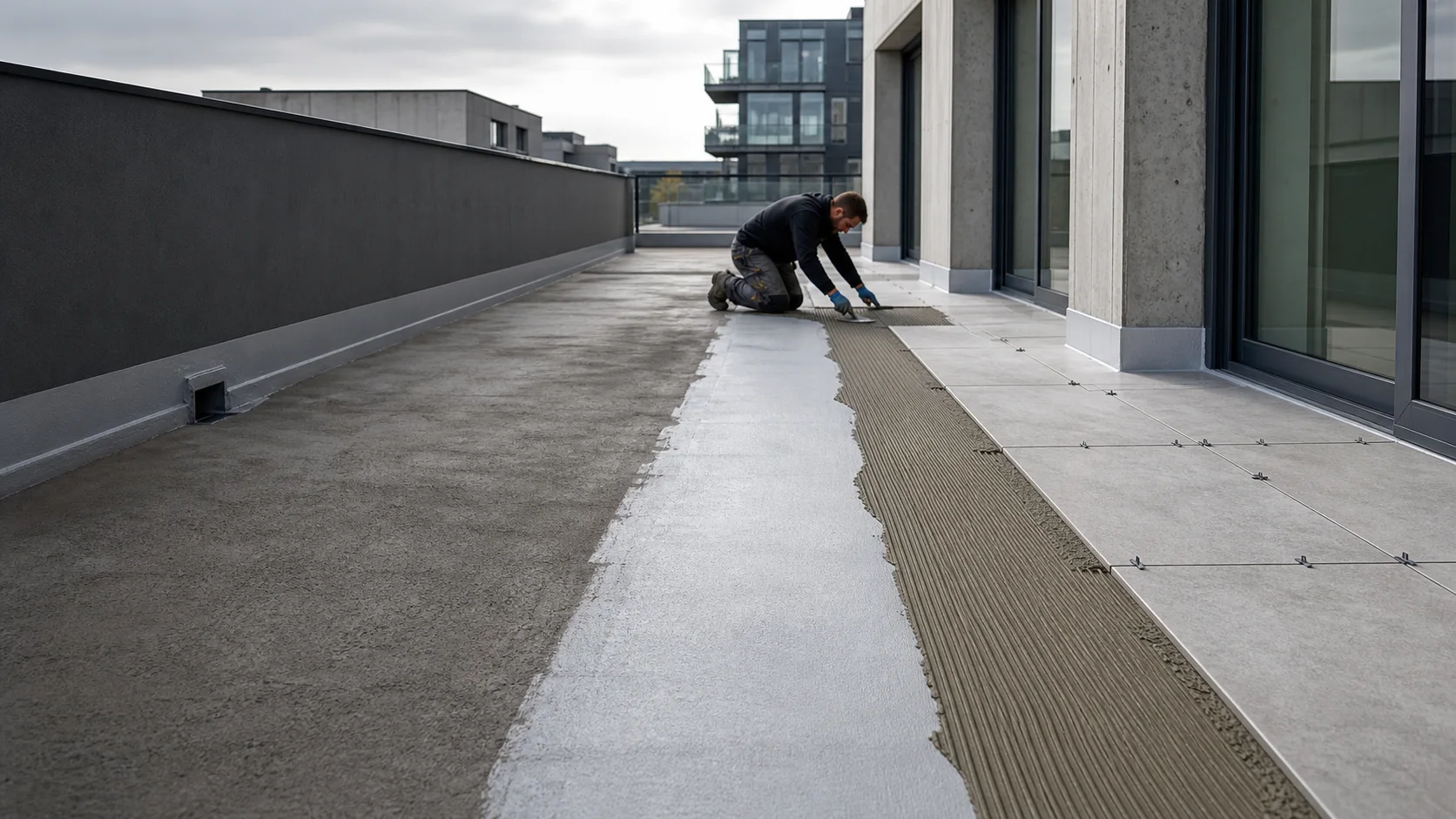 Doorsnede van waterdichting onder tegelwerk op een terras